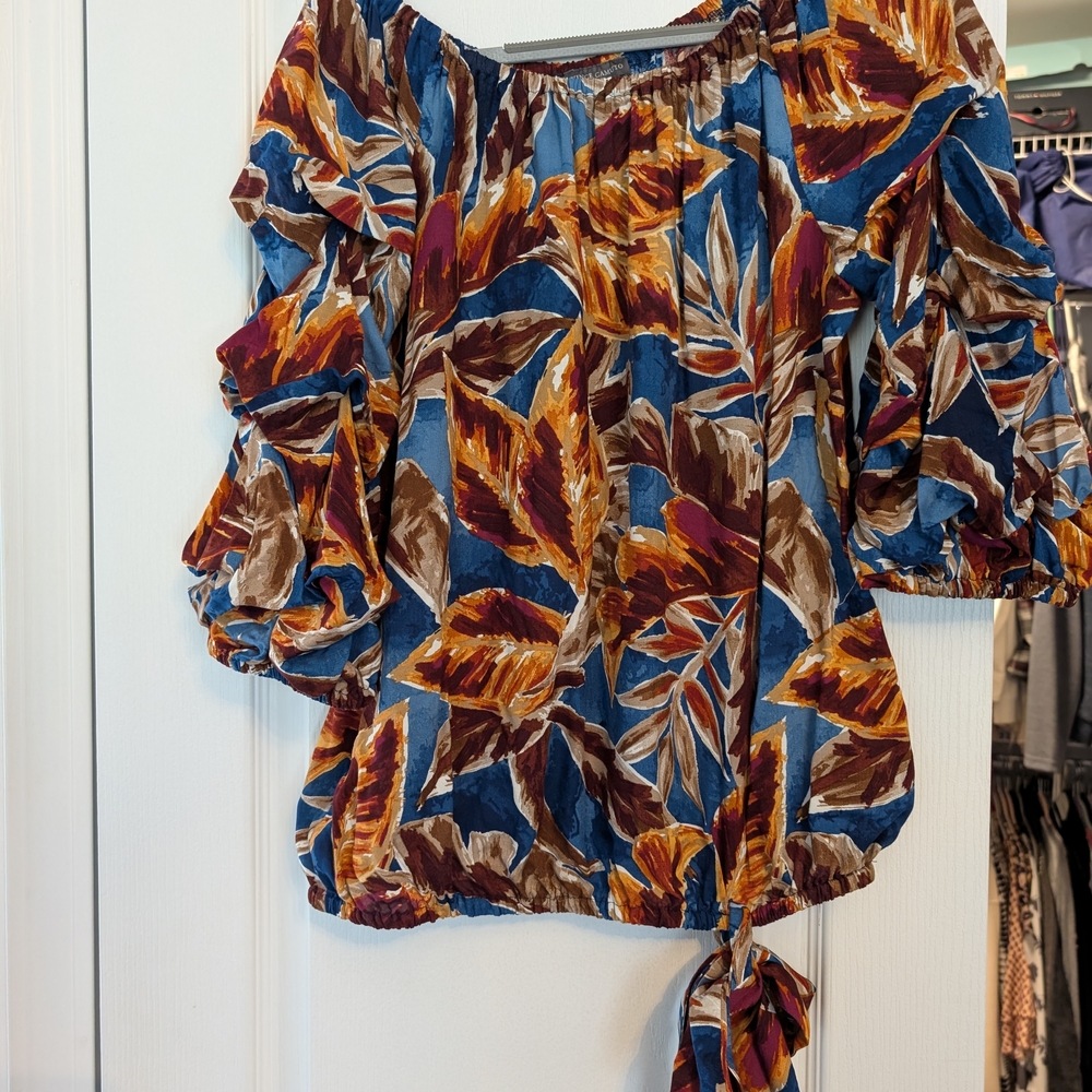 Vince Camuto Blue and Orange Flutter Sleeve Blouse